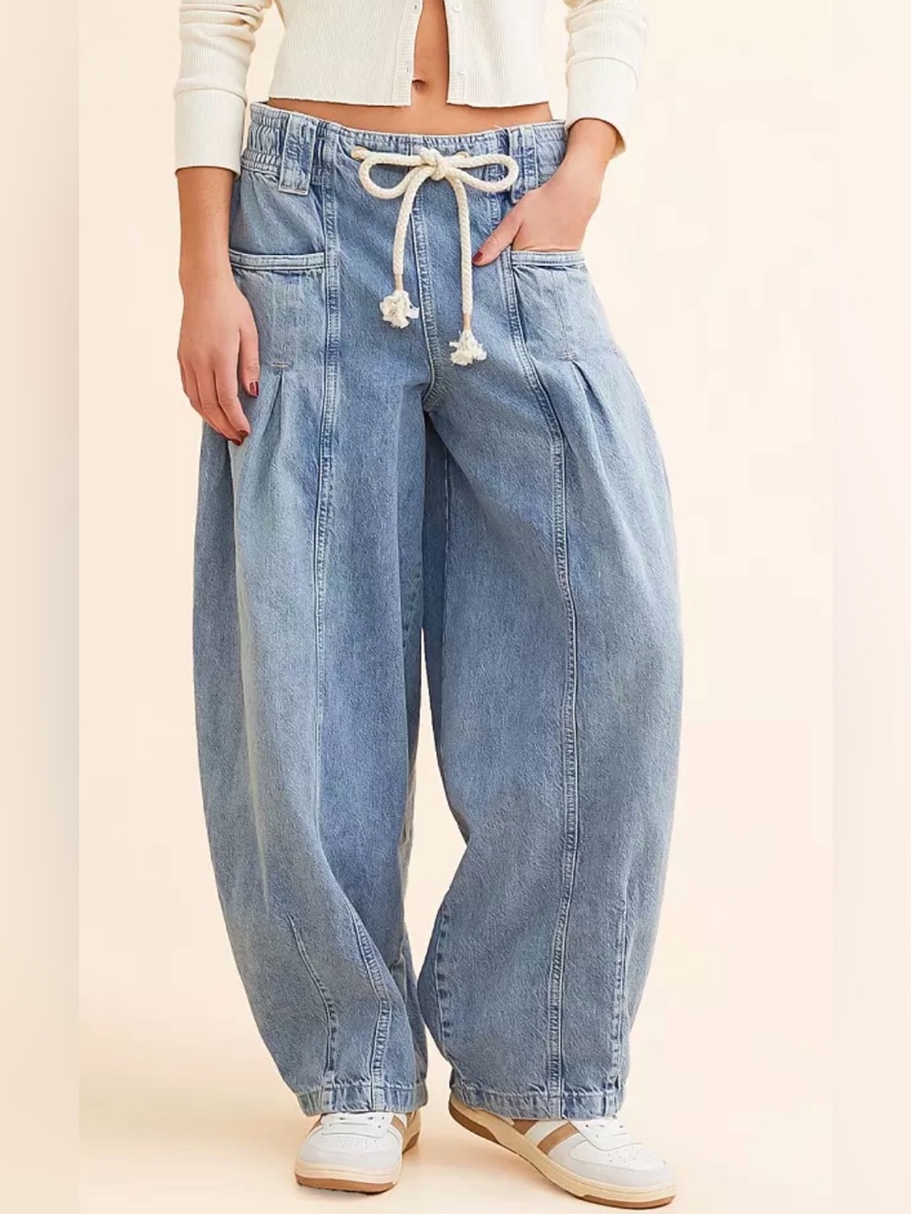 Free People We The Free Good Luck Barrel Jeans Large Chambray Drawstring EUC